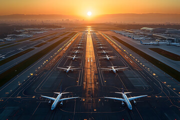 Sticker - In early morning light of a sunny day, airport runways sprawl out in a wide-angle view, glistening with promise of new journeys and adventures as aircrafts prepare for takeoff and landing, creating a