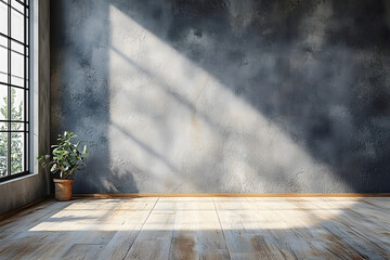 Wall Mural - stock photo features a minimalist background with an empty gray wall and a wooden beige floor, creating a neutral and versatile setting for a variety of potential uses