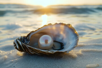 Sticker - Coastal sunset reveals an oyster with a lustrous pearl on a sandy beach