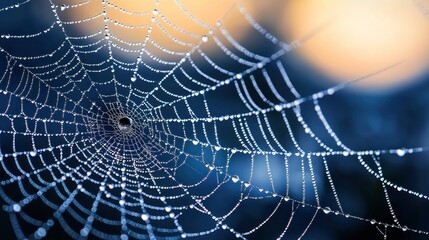 Close-up of a spider web adorned with dew drops.