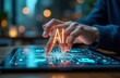 © Viktor - Person interacts with glowing AI symbol on futuristic tablet display. Person uses fingertips to touch AI processor chip on screen. Tech concept shows AI engineering. Scene represents innovation in AI