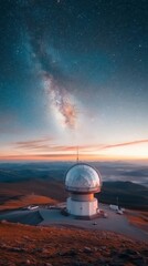 Wall Mural - Stunning view of a mountaintop observatory under a vibrant sky filled with stars and the Milky Way at dusk. Generative AI