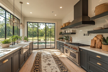 Wall Mural - Modern Farmhouse Kitchen Design With Pool View