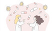 © JDDay - Two women in lab coats discuss medicine, surrounded by colorful capsules and virus icons, symbolizing health and research.