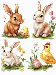 Wall Mural - Cartoon easter bunny. Rabbit hiding, bunnies with eggs and flowers. Cute springtime characters, hare painted and chicken. Seasonal holidays decent vector animals