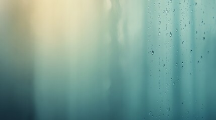 Fototapete - Rain droplets are falling on a glass surface, creating a mesmerizing pattern against a foggy, blurred background with a gradient of teal and yellow tones, evoking a sense of peace and tranquility