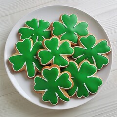 Cheerful shamrock cookies with bright green icing arranged on a white plate, perfect for St Patrick's Day festivities