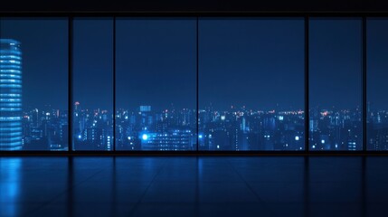 Poster - minimalist photo of elegant silhouette of a modern business office building's glass facade illuminated by blue light, with a blurred cityscape in the background, photo