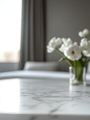 Wall Mural - Marble table top with white bed in bedroom loose focal background. Close up photo of contemporary interior modern living space : Generative AI