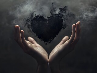 Poster - Hands Holding a Smoky Heart Symbolizing Love, Mystery, and Emotions in a Dark and Ethereal Atmosphere with Soft Light and Artistic Flair