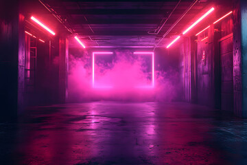 Wall Mural - a 3d rendering of a futuristic, neon-lit club stage in a dark, grungy garage, with concrete walls an