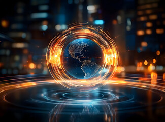 Wall Mural - a glowing, futuristic depiction of earth, encircled by energy rings, set against a backdrop of a blu