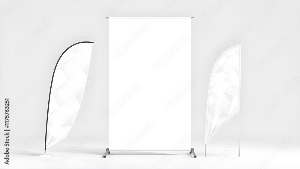 Realistic banner stand, beach flags isolated 3d vector mockups. White ...
