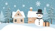 © bastian - Snowy winter village scene with snowman and gift, Christmas