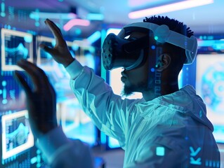 Poster - Person in Virtual Reality Headset Interacting with High-Tech Interface and Digital Data in Modern Futuristic Environment, Showcasing Advanced Technology and Immersive Experience
