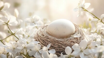 Wall Mural - Easter egg in nest from white flowers