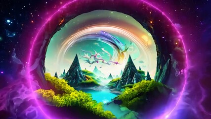 Wall Mural - a celestial portal opening to reveal a vibrant, otherworldly paradise filled with magic