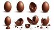 © Johannes - Chocolate eggs set. Isolated whole, broken, exploded, cracked and open brown eggs collection. Realistic sweet chocolate candy dessert icons. Vector Easter holiday celebration concept
