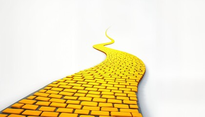 Empty yellow brick pathway stretches across white background. Winding road journey adventure. Bright, vivid colors create modern, vibrant image. Design clean, clear. Great choice for design element