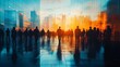 © pongtap - Crowd gathering at sunset in urban cityscape silhouetted figures