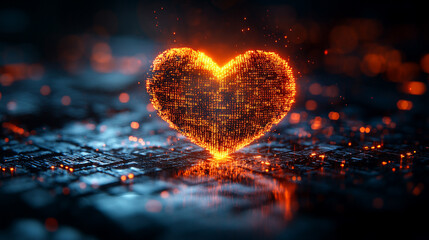 A digital representation of binary codes and cyberspace forming heart shapes symbolizing love in future technology with a blurred chaotic background and space for a caption on the side

