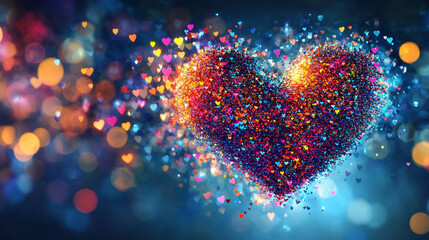 A digital representation of binary codes and cyberspace forming heart shapes symbolizing love in future technology with a blurred chaotic background and space for a caption on the side

