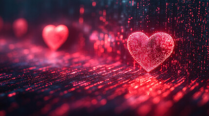 A digital representation of binary codes and cyberspace forming heart shapes symbolizing love in future technology with a blurred chaotic background and space for a caption on the side

