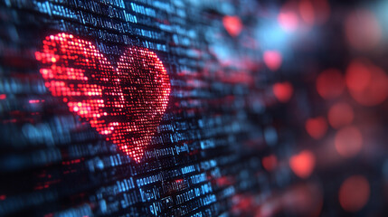 A digital representation of binary codes and cyberspace forming heart shapes symbolizing love in future technology with a blurred chaotic background and space for a caption on the side

