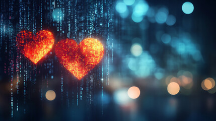 A digital representation of binary codes and cyberspace forming heart shapes symbolizing love in future technology with a blurred chaotic background and space for a caption on the side

