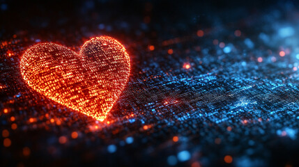 A digital representation of binary codes and cyberspace forming heart shapes symbolizing love in future technology with a blurred chaotic background and space for a caption on the side

