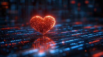 A digital representation of binary codes and cyberspace forming heart shapes symbolizing love in future technology with a blurred chaotic background and space for a caption on the side

