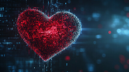 A digital representation of binary codes and cyberspace forming heart shapes symbolizing love in future technology with a blurred chaotic background and space for a caption on the side

