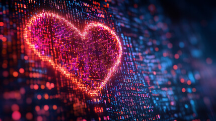 A digital representation of binary codes and cyberspace forming heart shapes symbolizing love in future technology with a blurred chaotic background and space for a caption on the side

