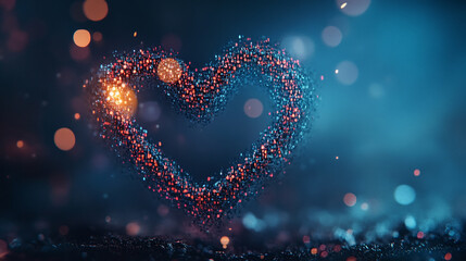 A digital representation of binary codes and cyberspace forming heart shapes symbolizing love in future technology with a blurred chaotic background and space for a caption on the side


