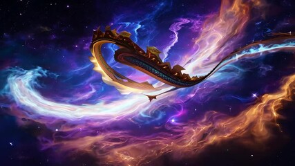 Wall Mural - a celestial dragon spiraling through a nebula, its scales reflecting the colors of the cosmos as it 