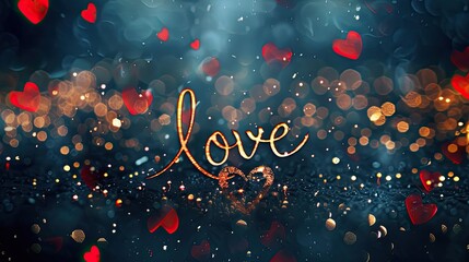 Canvas Print - A bokeh background with hearts and the word 