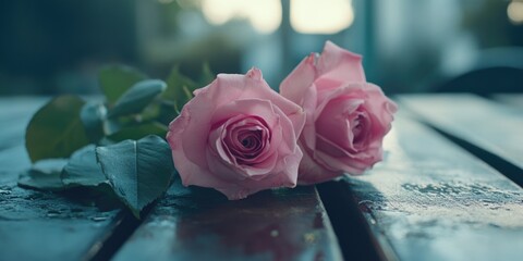 Wall Mural - Pink Roses on Wooden Table