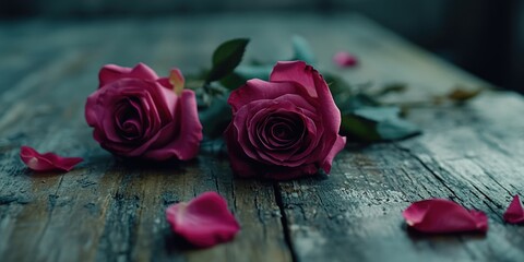 Wall Mural - Pink Roses on Wooden Table