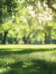 Blurred background of lush green park in summer. Abstract nature background with bokeh of sunny park with green grass and trees. Summer backdrop for relaxation and tranquility.