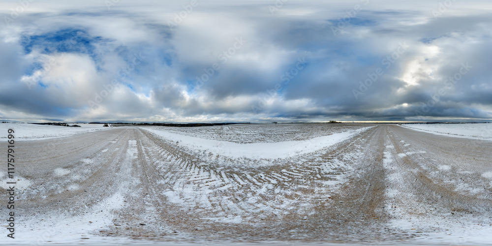 Snow 360 360 seamless hdri panorama view on winter road among snowy fields with ...