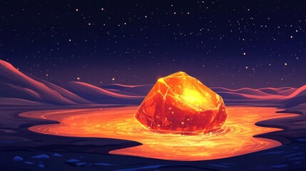 dramatic and otherworldly landscape with a glowing lava like rock formation rising from a desert set