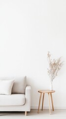 Aufkleber - Modern minimalist interior design featuring a comfortable sofa, a small wooden table with dried flowers, and a large empty white wall, perfect for showcasing artwork or other decorative elements