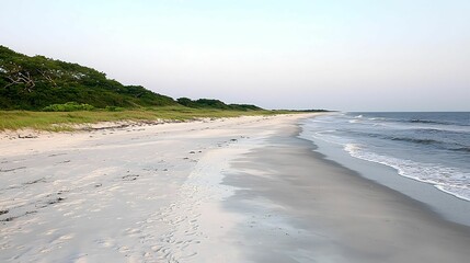 Wall Mural - background light hues relaxation concept, serene beach landscape with gentle waves and lush green ve