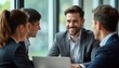 © Viktor - Business people smiling, interacting during meeting. Appear happy, engaged in discussion. Pro atmosphere with focus on positive customer interaction, service quality. Collaboration, communication key