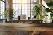 © Rayhanios - Rustic wooden table in a bright, plant-filled office.
