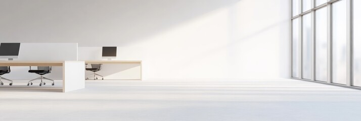 Fototapete - Sunlight flooding an open office space with large windows and empty workstations creates a bright, spacious environment perfect for highlighting company culture
