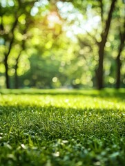 Green city park bokeh background. Blurred background of city park with green trees and sunlight bokeh, perfect for nature and urban lifestyle themes.