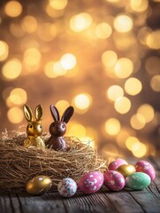 Wall Mural - easter, holidays and object concept - close up of colored eggs in straw nest and chocolate bunnies on wooden table over bokeh lighs