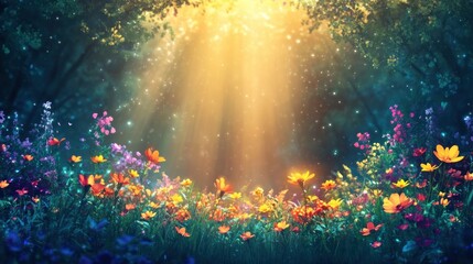 Wall Mural - Breathtaking landscape of a lush sunlit forest with vibrant blooming flowers and an enchanting fairytale like atmosphere  The golden rays of light beaming through the trees create a mesmerizing