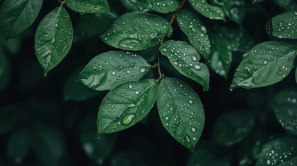 Sparkling water droplets clinging to lush green leaves evoke the tranquility and beauty of nature after a refreshing rain shower, creating a captivating scene of vibrant life